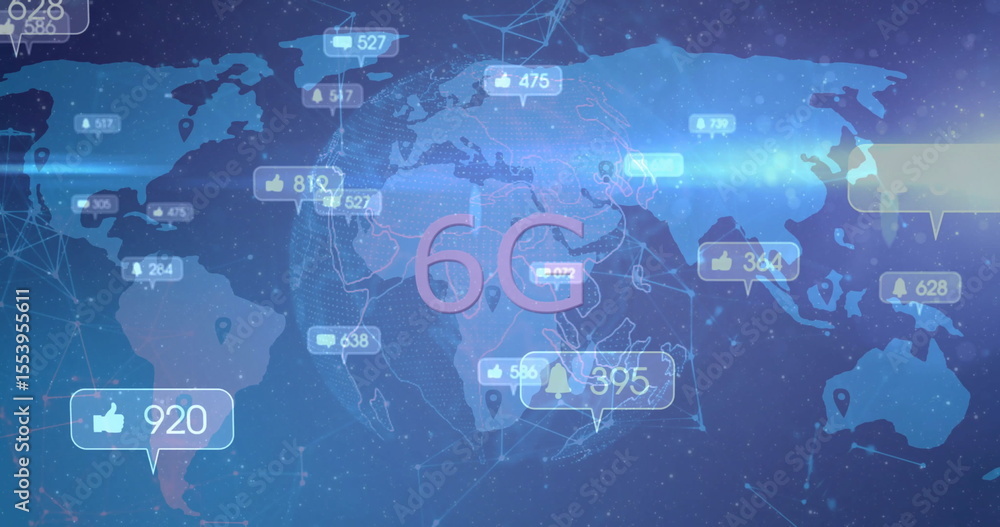 Poster projecting large pink 6g text floating over world map interface with network lines and icon bubbles