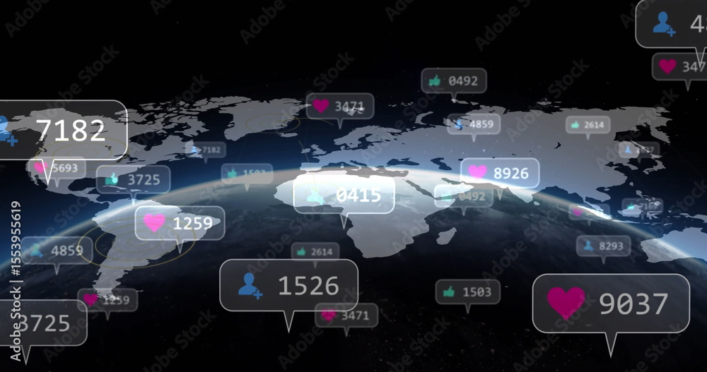 Poster displaying digital earth globe in orbit, showing world map overlay with social media metric labels