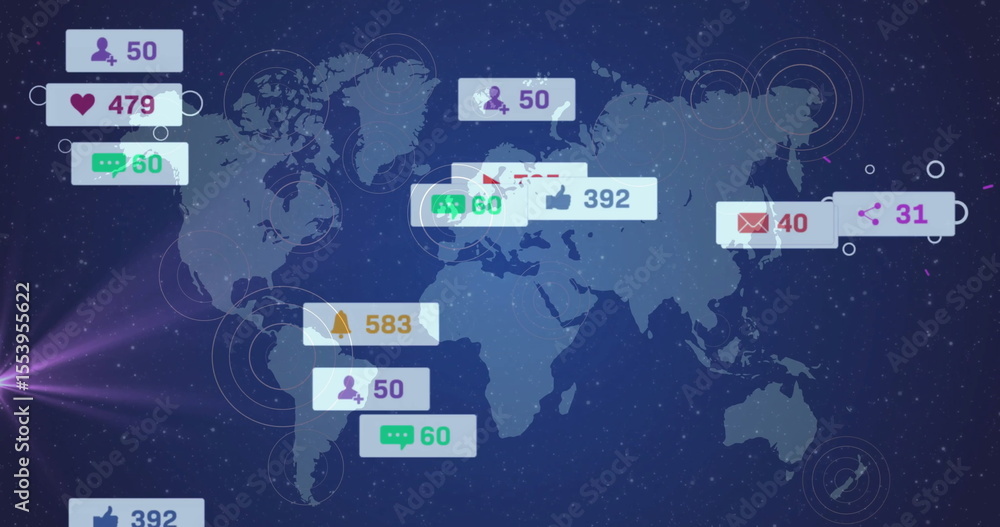 Poster displaying semi-transparent world map over network interface, with floating notification panels