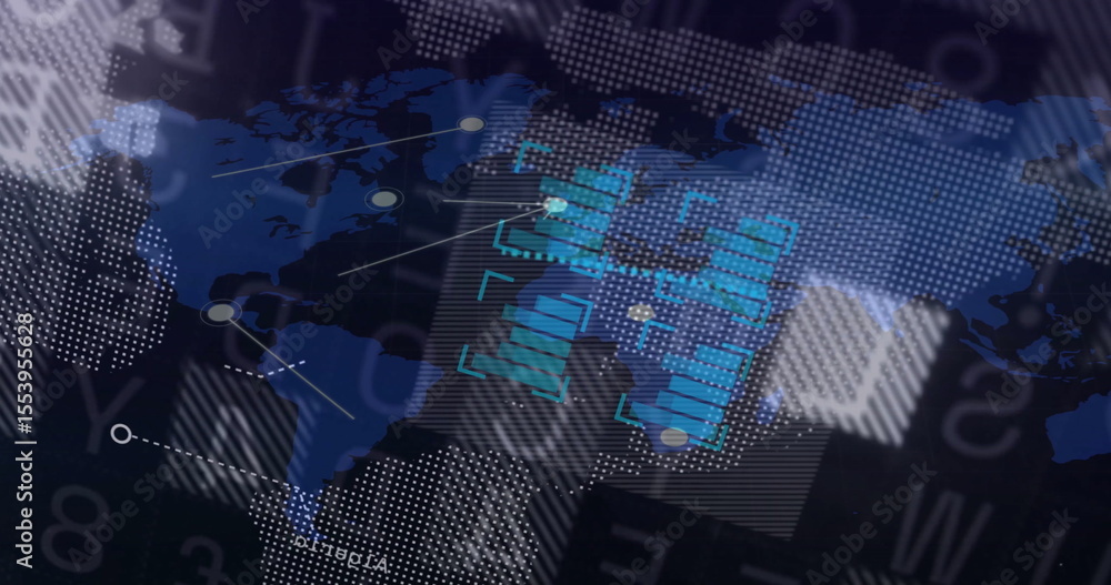 Poster displaying central digital world map graphic floating in virtual interface, with network nodes