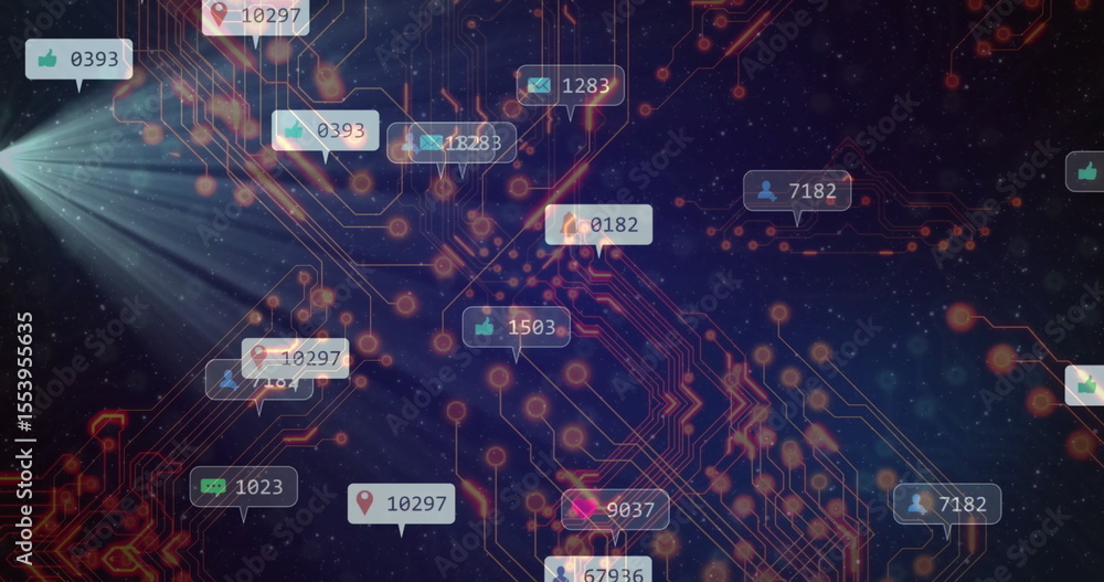 Poster glowing neon circuit network pulsing in digital grid, with social media notification icons