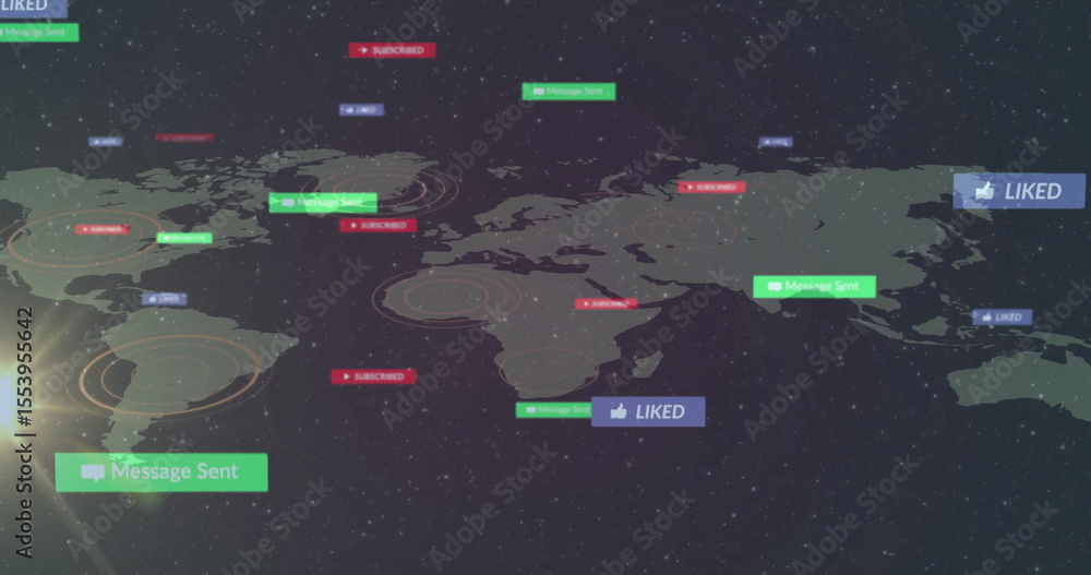 Poster displaying stylized world map floating in space, with pinpoint circles and notification labels