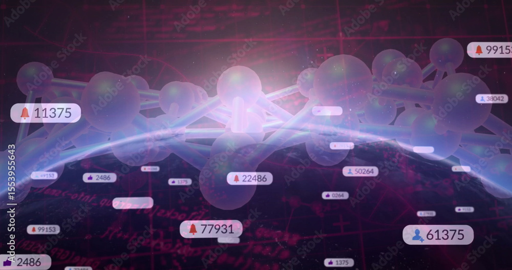 Poster floating sphere rod network over curved digital globe, with notification icons, grid lines and code