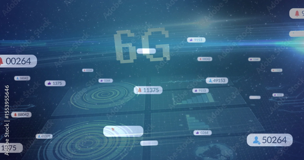 Poster projecting central 6g holographic interface showing data panels in cyberspace with radar graphics