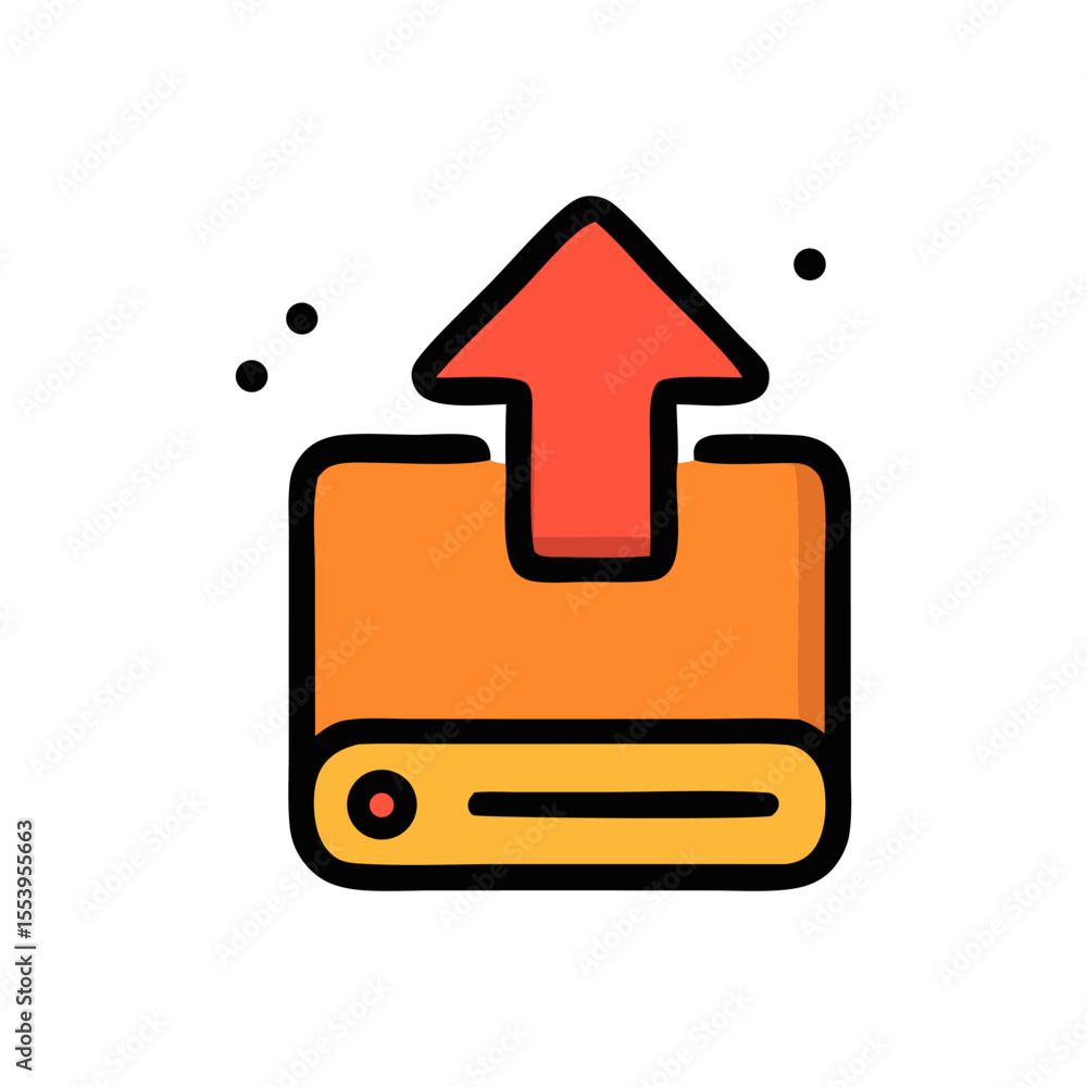 Poster orange square icon with a red arrow pointing upwards, symbolizing upload or transfer.