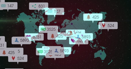 Presenting green world map floating over starry space backdrop, with envelope and chat icons