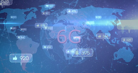 Projecting large pink 6G text floating over world map interface with network lines and icon bubbles