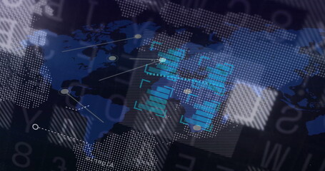 Displaying central digital world map graphic floating in virtual interface, with network nodes