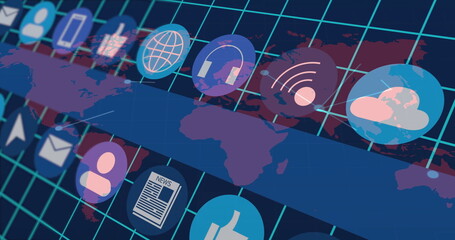Displaying floating icons including globe, headphones, Wi-Fi, cloud, smartphone over map grid
