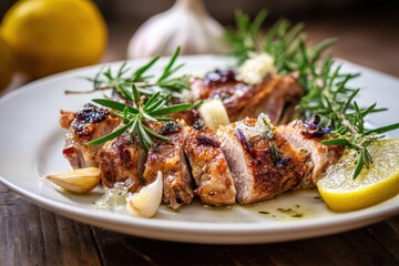Sliced roasted rabbit with garlic lemon and rosemary on a white plate with shallow depth of field
