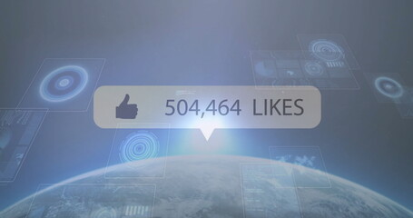 Showing interface bubble displaying thumbs-up and 504,464 likes over Earth with translucent HUD