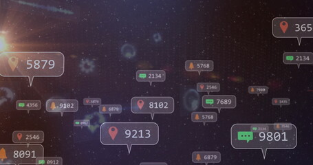 Floating notification bubbles drifting through data network, with map-pin, chat, bell icons