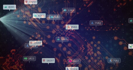 Glowing neon circuit network pulsing in digital grid, with social media notification icons