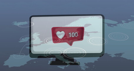 Displaying computer monitor showing rippled Europe map in data network, featuring red heart bubble