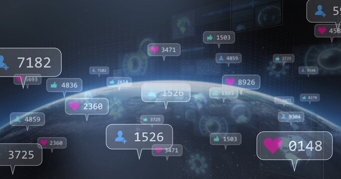 Naklejki Showing 3D Earth globe floating on starfield, with callouts, numeric counters and hologram elements