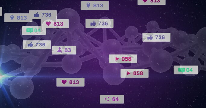 Floating network of translucent spheres and tubular rods in purple cosmos, with social media icons - Powered by Adobe