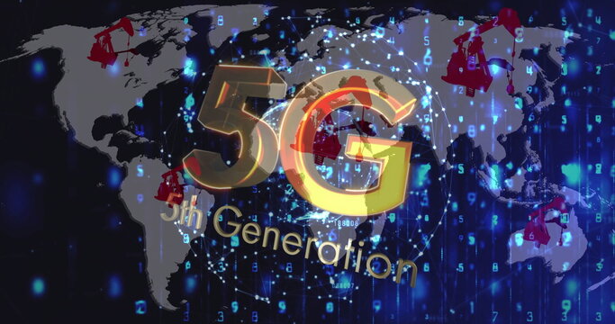 Displaying gold 5G label with 5th Generation text over world map, glowing lines, red pump jacks - Powered by Adobe