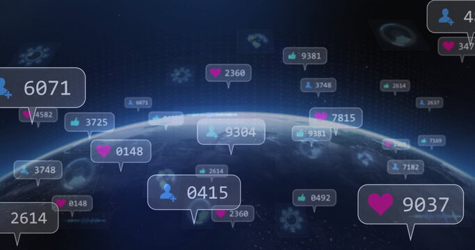 Naklejki Floating Earth horizon in space displaying notification bubbles of hearts, likes, user silhouettes