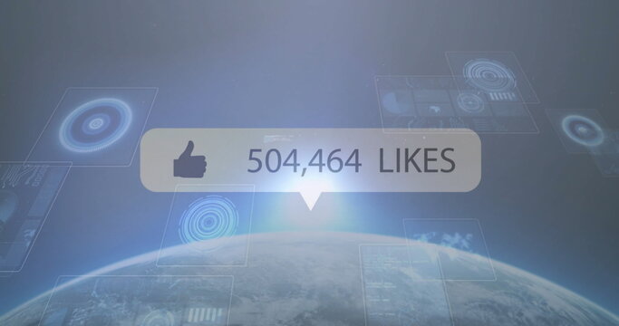 Naklejki Showing interface bubble displaying thumbs-up and 504,464 likes over Earth with translucent HUD