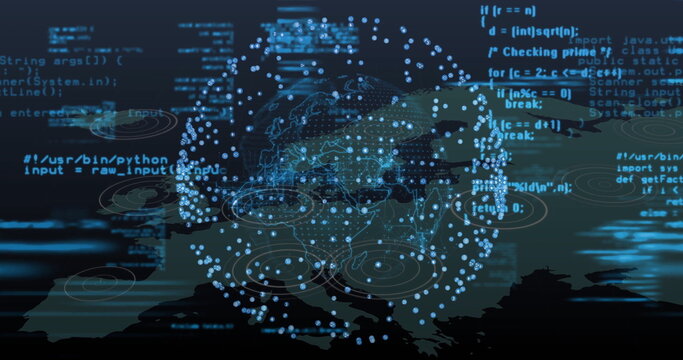 Displaying globe of blue nodes on navy interface, showing code, radar rings and landmass outlines