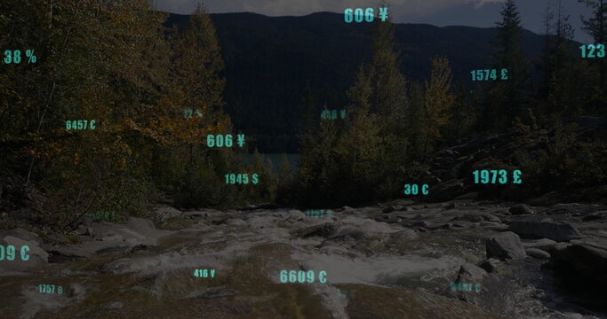 Flowing mountain stream running through forested valley, with floating teal currency overlays