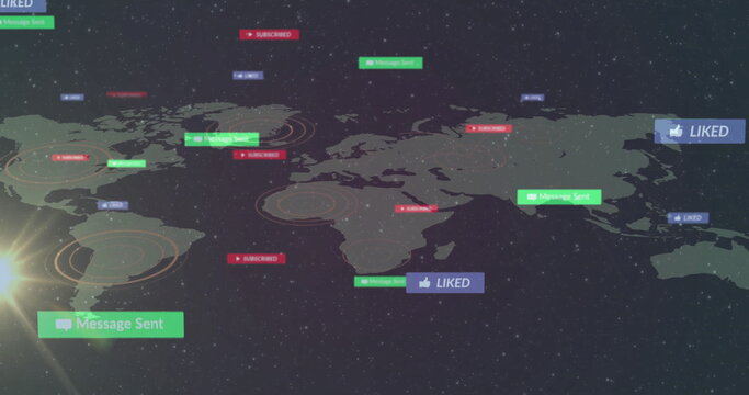Naklejki Displaying stylized world map floating in space, with pinpoint circles and notification labels