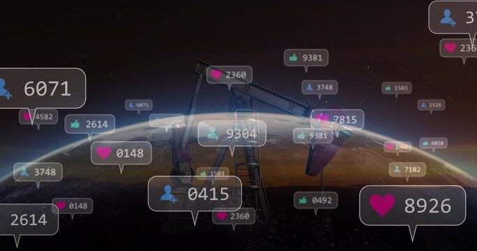 Naklejki Showing oil pumpjack silhouette rising on planet horizon, displaying floating social media metrics