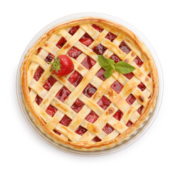 Tasty strawberry pie isolated on white, top view