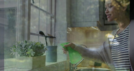 Misting Asian woman spraying water onto plant at kitchen windowsill, with green sprayer, copy space