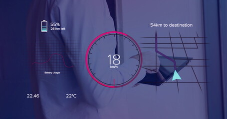 Executive reviewing data on tablet in office corridor, with speedometer, map and battery overlays
