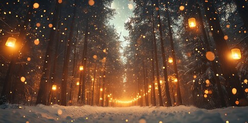 Enchanting Winter Forest Path with Lanterns and Sparkling Snow at Sunset