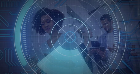 Rotating digital radar interface overlaying office conference room, with laptop and coffee mug