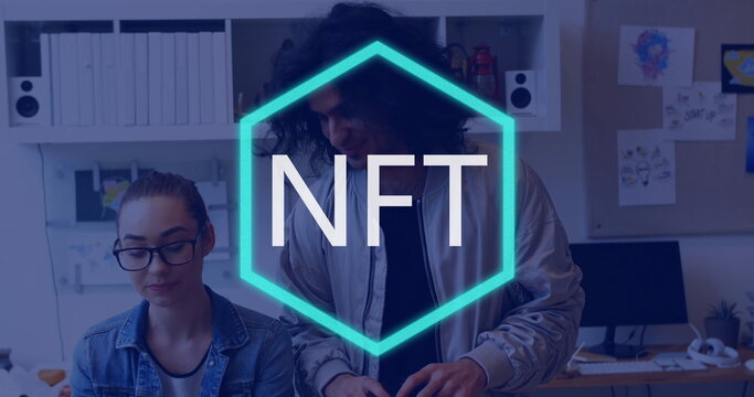 Collaborating colleagues examining screen at modern office desk, with turquoise NFT hexagon overlay