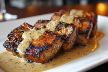 Tender grilled foie gras slices topped with gray sauce