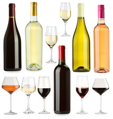 Different types of wine, set. Bottles and glasses isolated on white