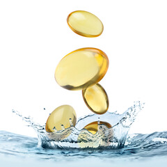 Collagen capsules falling into water on white background