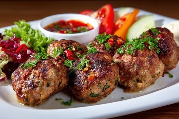 Grilled Turkish meatballs served with tomatoes peppers appetizers and a special sauce