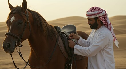 Arabian Man Gently Adjusts Saddle on Chestnut Horse in Desert Sunset
