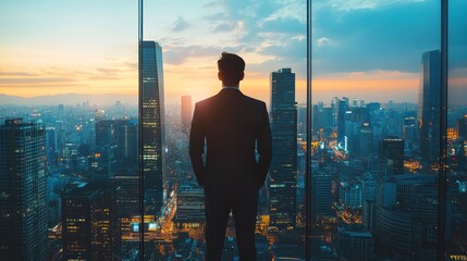 Fototapeta premium Contemplative businessman silhouette viewing cityscape from office window