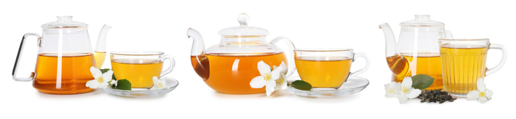 Freshly brewed jasmine tea and flowers on white background, set