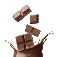 Chocolate pieces falling into splashing chocolate milk against white background