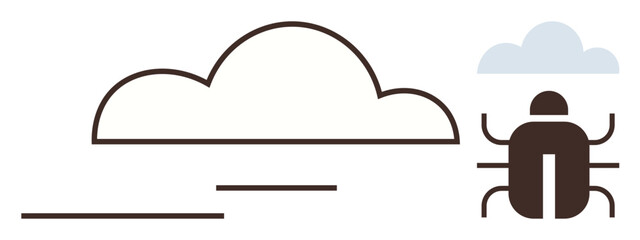 Bold bug icon beside streamlined cloud shapes, evoking balance in biodiversity, sustainability, and natural cycles. Ideal for environment, ecosystem, climate, data, technology minimalism simple