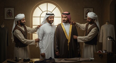 Tailors meticulously craft exquisite thobes for discerning clients in a traditional Middle Eastern atelier.