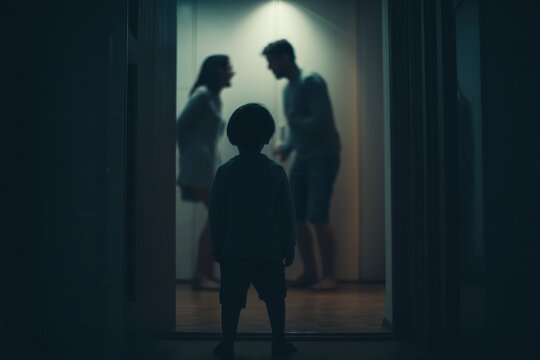 Furious parents arguing near their young son discussion of abusive dynamics Husband strikes wife in a dark hallway