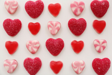 Composition with sweet heart shaped candies on white background. Valentine's Day celebration
