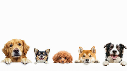 Group of Different Dog Breeds Peeking Over White Background
