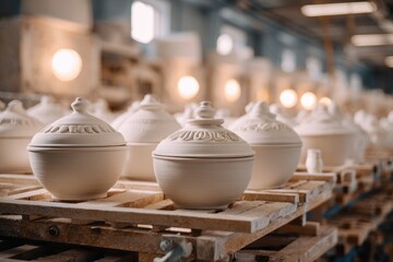 Naklejka premium Close up of unfired white ceramic pots with lids on racks in a muffle kiln at a porcelain factory in the Moscow area