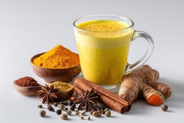 Turmeric latte with spices on a white backdrop a hot healthy detox drink suitable for vegans