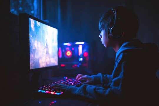 Image of an Asian boy gaming in a dimly lit room wearing headphones and using a colorful keyboard - Powered by Adobe