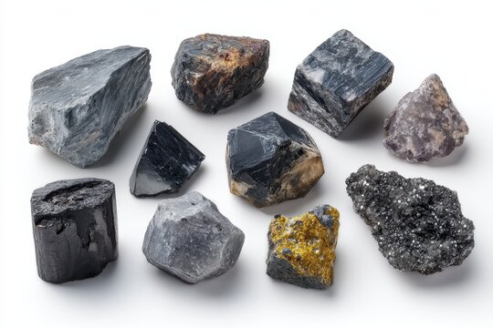 A collection of unrefined gray minerals such as graphite stibnite and coal displayed on a white background